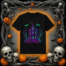 Camiseta Casa Assombrada Neon Glow Morcegos e Abóboras