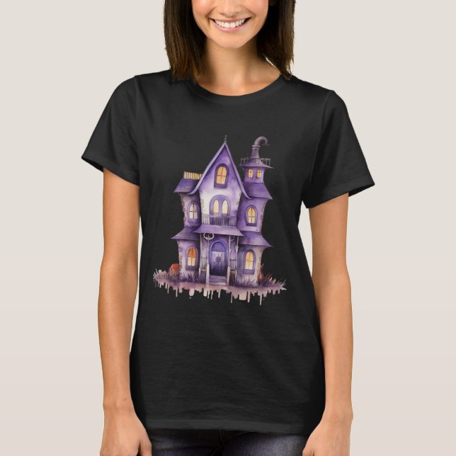 Camiseta Casa Assombrada Roxa Preto Halloween (Frente)