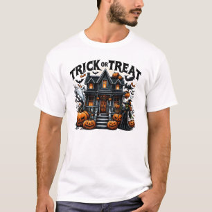 Camiseta Casa assustadora com abóboras e fantasmas