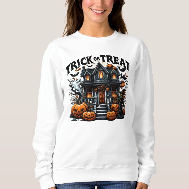 Camiseta Casa assustadora com abóboras e fantasmas (Frente)