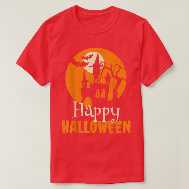 Camiseta Casa Assustadora do Halloween com Bats e Lua Si (Frente do Design)