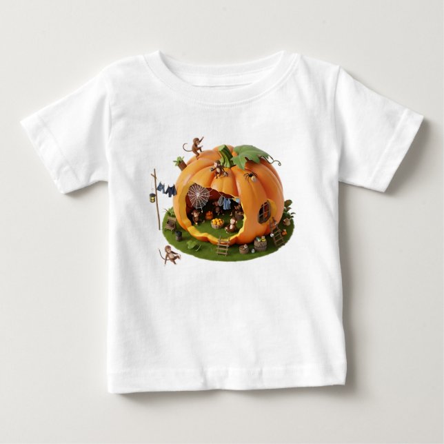 Camiseta Casa de Abóbora 3D Caprichosa com Macacos Miniatur (Frente)