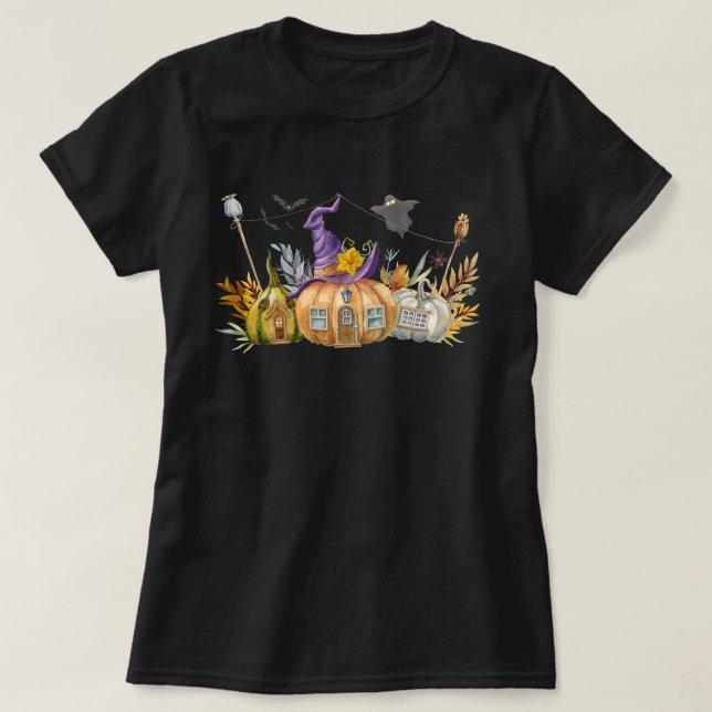 Camiseta Casa de Abóbora Assombrada com Fantasma e Morcegos (Frente do Design)