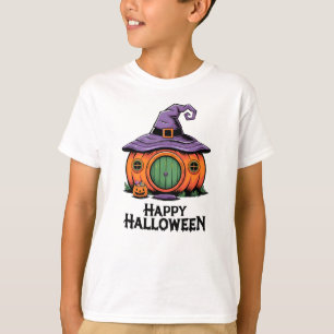 Camiseta Casa de Abóbora Feliz Halloween & Telhado de Chapé
