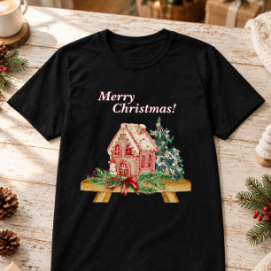 Camiseta Casa de Biscoito de Natal Aquarela Impressão Vívid