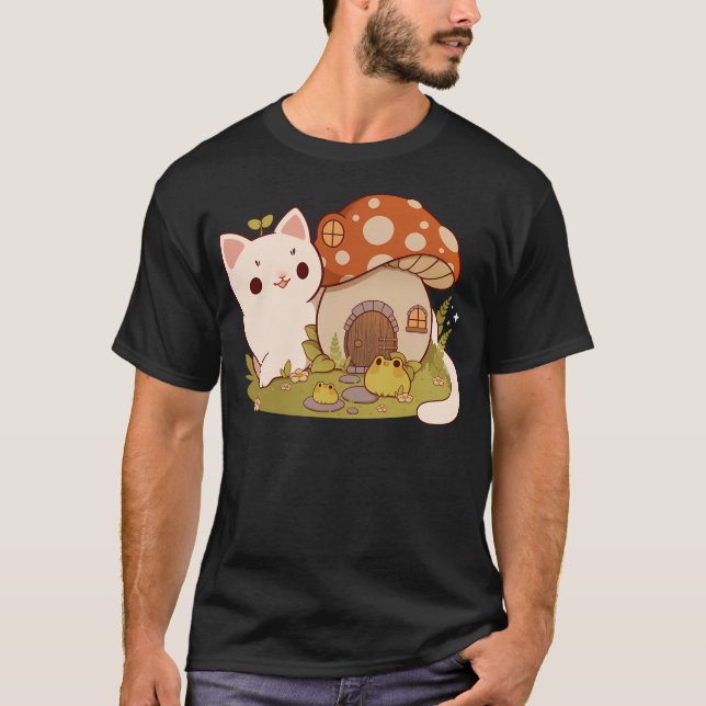 Camiseta Casa De Cogumelos Com Gato E Amigos Sapos (Frente)