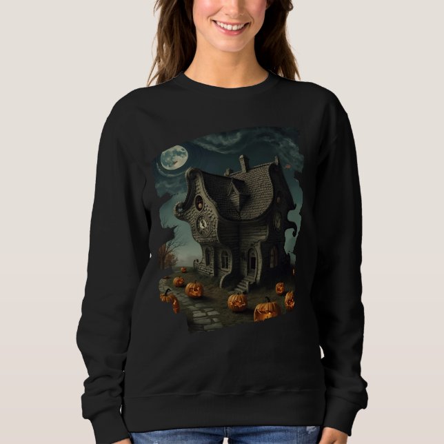 Camiseta Casa de Halloween Assombrada com Pumpkins e Lua Ch (Frente)