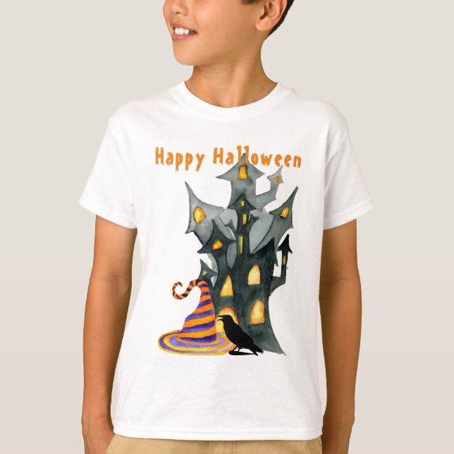 Camiseta Casa de Halloween e Chapéu de Aquarela (Frente)