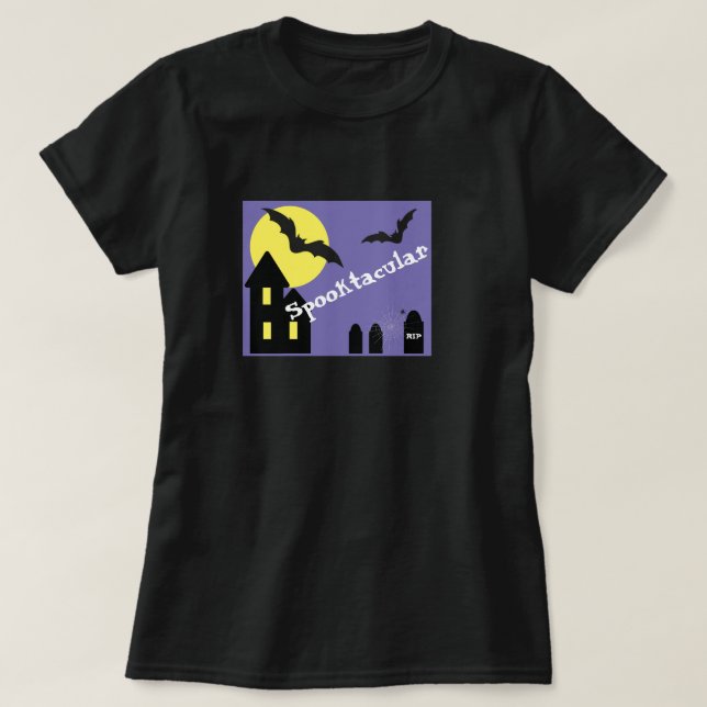 Camiseta Casa de Halloween Spooktacular com Morcegos (Frente do Design)