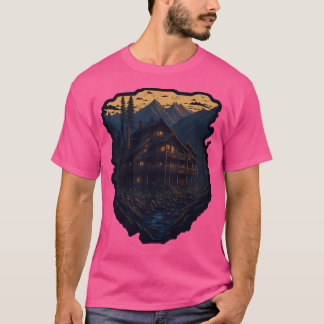 Camiseta Casa De Madeira Entre As Montanhas Ativas Ao Sol