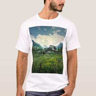 Camiseta Casa de madeira, paisagem natural de montanha.