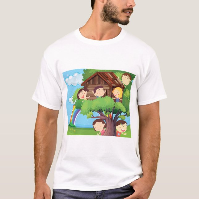 Camiseta Casa de madeira para crianças com Arco-íris e Cria (Frente)