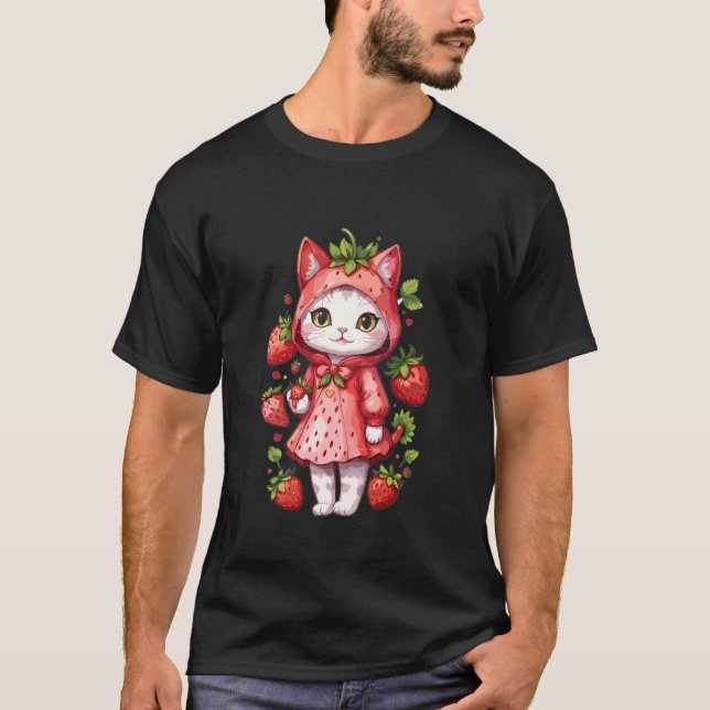 Camiseta Casaco de Chuva de Gatinho Morango (Frente)