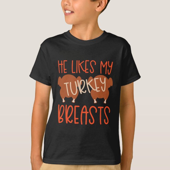 Camiseta Casais De Ação De Graças Que A Turquia Mama Ela Go (Frente)