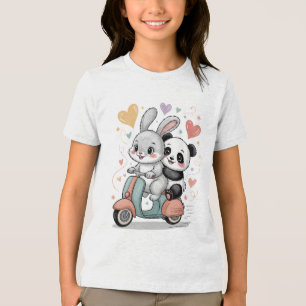 Camiseta Casais de Coelho Fofo e Panda em Arte de Scooter R
