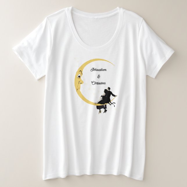 Camiseta Casal Adorável Sentado na Lua Crescente com Rosto (Frente do Design)