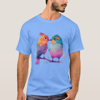 Camiseta Casal de Beijo Colorido de Aves Watercolor Art gi