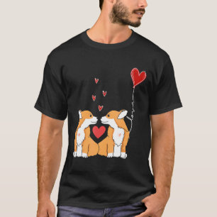 Camiseta Casal de Cães Corgi Balão Vermelho do Coração Dia