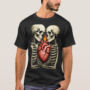 Camiseta Casal de Caveira Gótica Coração Flamejante Estilo 