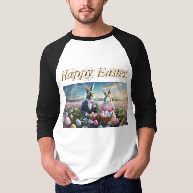 Camiseta Casal de coelho da Páscoa com Felz pascoa de Ovos  (Frente)