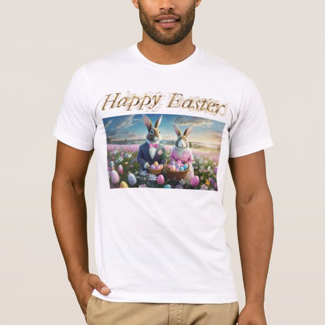 Camiseta Casal de coelho da Páscoa com Felz pascoa de Ovos  (Frente)
