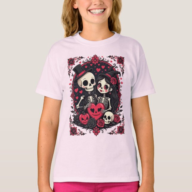 Camiseta Casal de Esqueletos Apaixonados de Valloween (Frente)