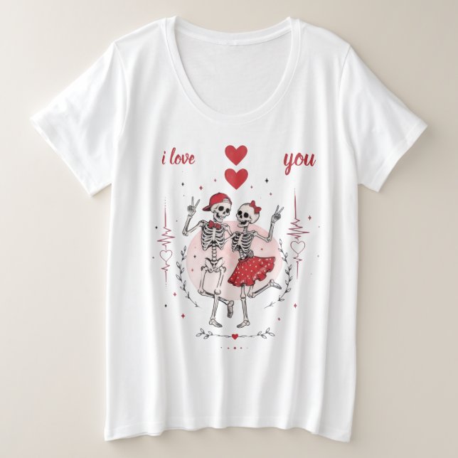 Camiseta Casal de Esqueletos Engraçados Apaixonados (Frente do Design)