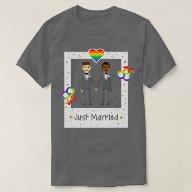 Camiseta Casal gay Recem casados Casamento Rainbow LGB (Frente do Design)
