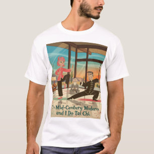 Camiseta Casal moderno de meados do século fazendo tai chi.