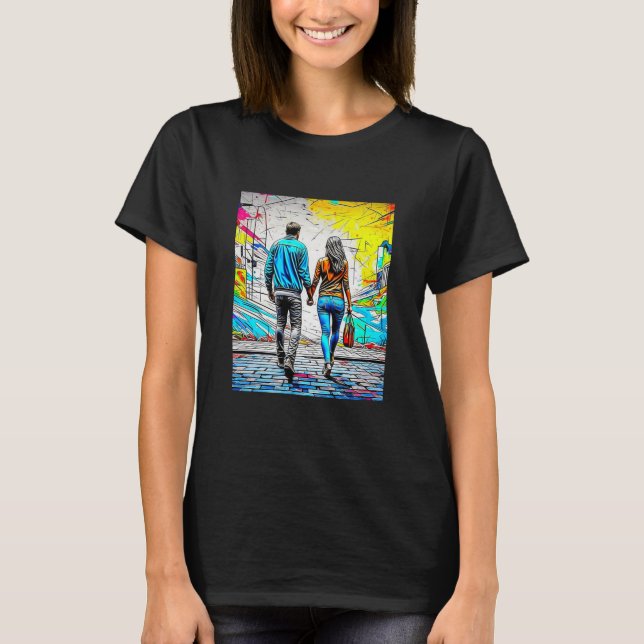 Camiseta Casal Segurando Mãos Arte Urbana (Frente)