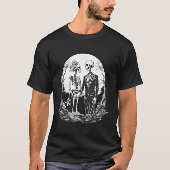 Camiseta Casal Sinistro de Halloween da Lua Esqueleto (Frente)