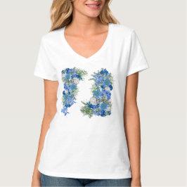 Camiseta Casamento de Flores de Milho Azul e Rosas Brancas