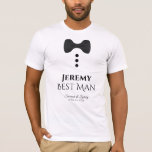 Camiseta Casamento de Tuxedo com Torre Negra do Melhor Home<br><div class="desc">Estas t-shirts divertidas são concebidas como favores ou presentes para o teu melhor homem. A t-shirt é branca e apresenta uma imagem de uma gravata preta de arco e três botões. O texto diz Melhor Homem, e tem um lugar para digitar o nome dele, assim como o nome do casal...</div>