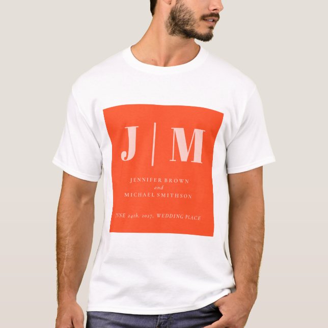Camiseta Casamento Monogramado Simples Rosa Laranja Minimal (Frente)