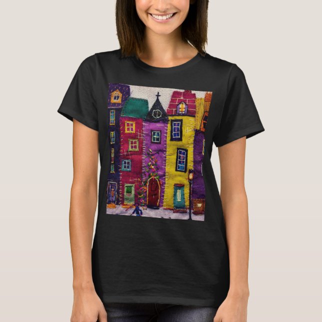 Camiseta Casas Coloridas de Patchwork Arte Têxtil (Frente)
