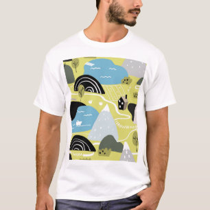 Camiseta Casas escandinavas, árvores, padrões de montanhas.