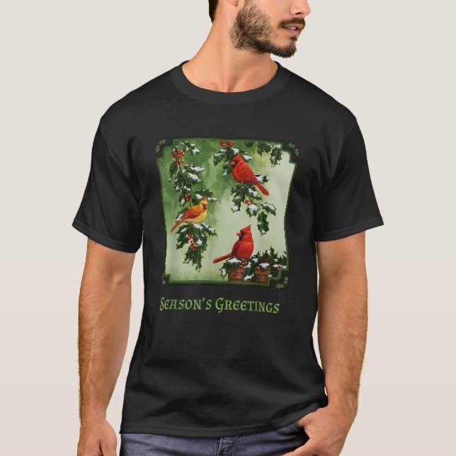Camiseta Cássaros Vermelhos Cardinais Natal Holly Berries F (Frente)