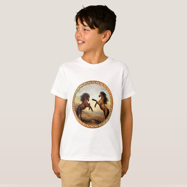 Camiseta Castanho Escuro E Cavalos De Rascunho Frísia Casta (Frente Completa)