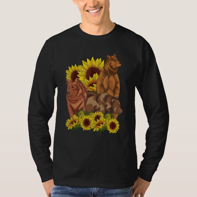 Camiseta Castanho-Urso Animal Hippie Floresta de Girassol (Frente)