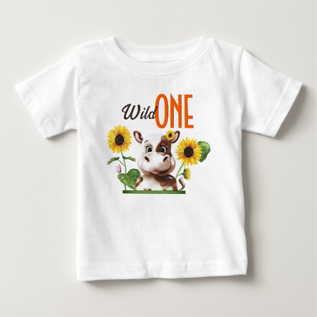 Camiseta Castanho Vaca Girassol Primeiro Aniversário (Frente)