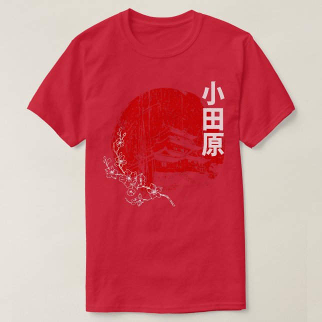 Camiseta Castelo de Odawara Red Sun Japonês e Sakura Cherry (Frente do Design)