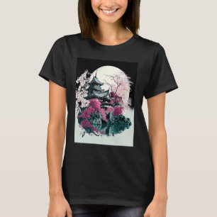 Camiseta Castelo Japonês Cherry Blossom com Lua e Água