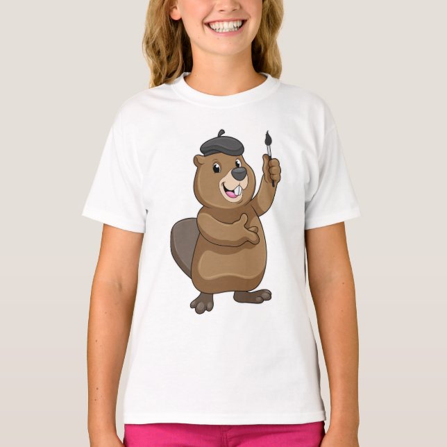 Camiseta Castor como Pintor com Pincel de Tinta (Frente)