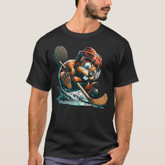 Camiseta Castor de Hóquei no Gelo Com Capacete, Taco e Disc