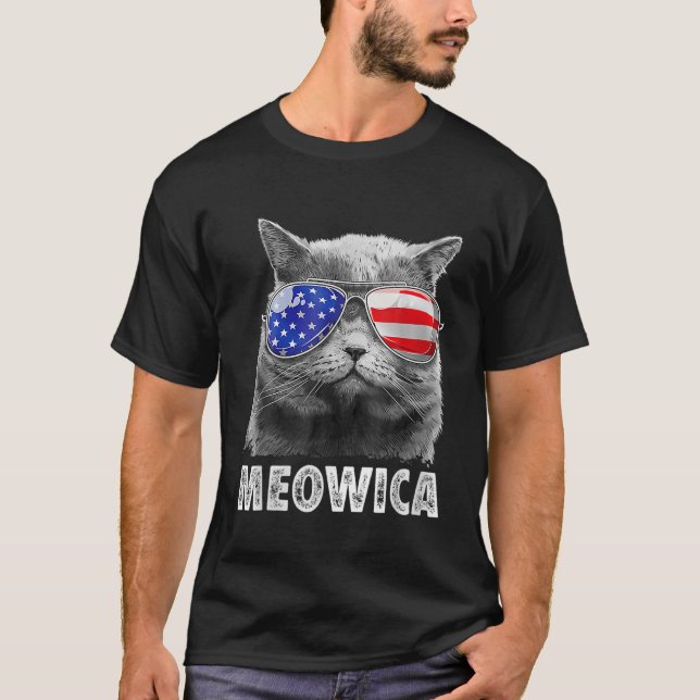 Camiseta Cat 4 de julho Meowica Merica Men USA American Fl (Frente)