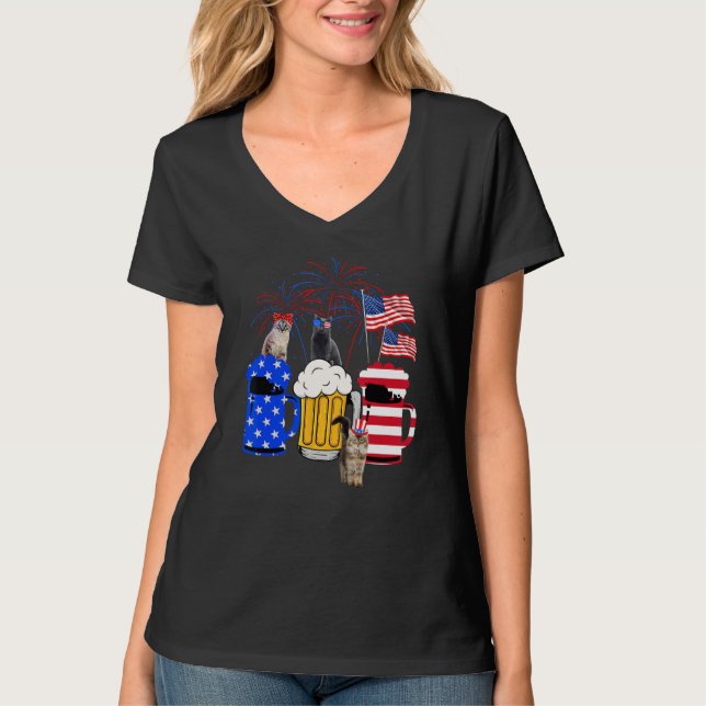 Camiseta Cat 4th Of July Costumes Red White Blue Beer Glass (Frente)
