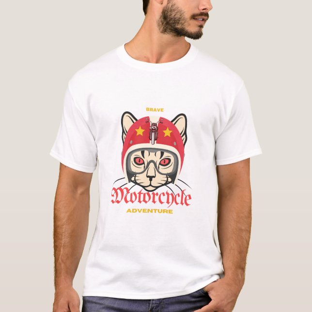 Camiseta Cat Adventure Motorcycle Road Brave Red Helmet (Frente)