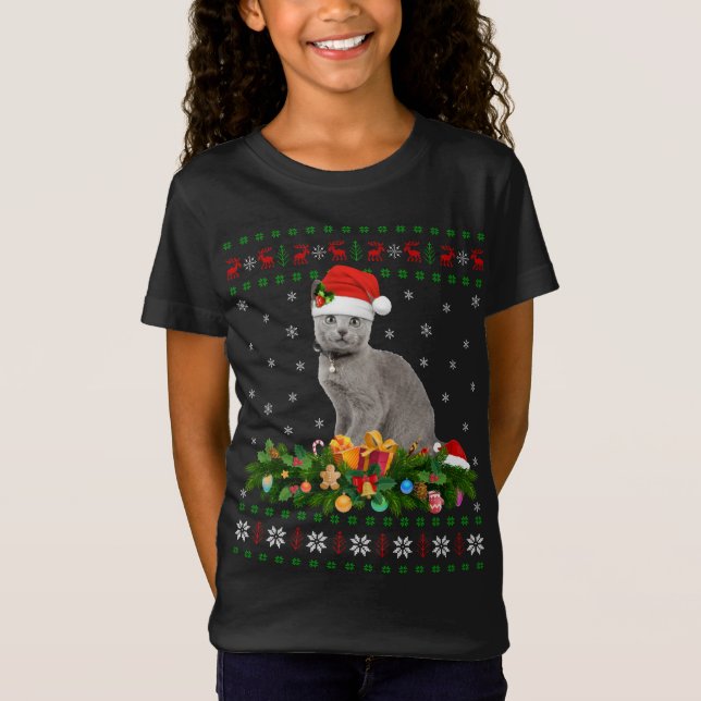 Camiseta Cat Amante de os animais Santa Hat Russo Azul Cat  (Frente)