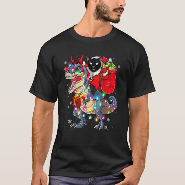 Camiseta Cat Andando Um Dinossauro Rex Natal (Frente)