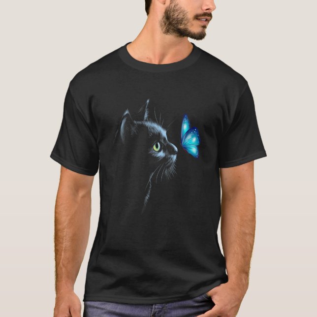 Camiseta Cat Art Fairycore Black Cat Com Borboleta Cat Lov (Frente)